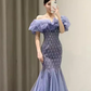 Sexy Mermaid Off The Shoulder Short Sleeves Blue Long Prom Dress C129