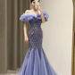 Sexy Mermaid Off The Shoulder Short Sleeves Blue Long Prom Dress C129