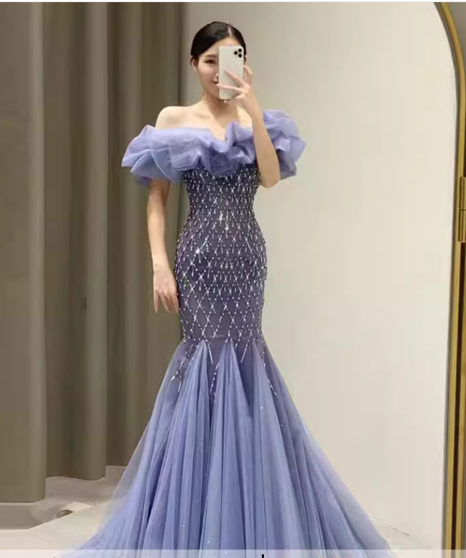 Sexy Mermaid Off The Shoulder Short Sleeves Blue Long Prom Dress C129