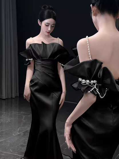 Bretelles sirène modestes robes de bal longues en Satin noir C12