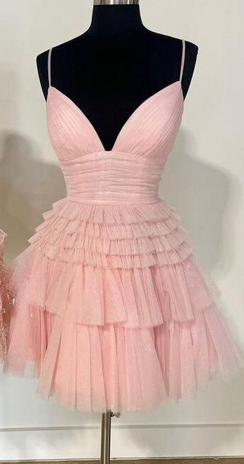 Straps V-neck Sparkly Tulle Homecoming Dress With Tiered Ruffle Skirt and Ruched Bodice Birthday Outfits C1331