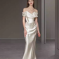 Simple Mermaid Off The Shoulder White Satin Wedding Dresses C137