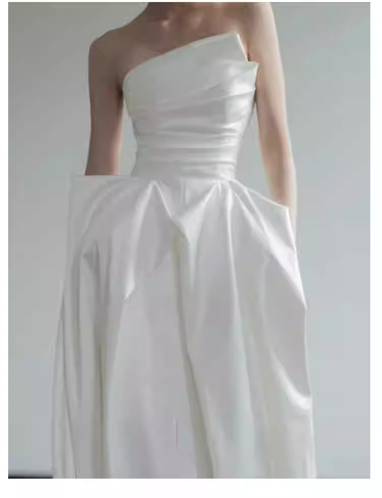 Simple A Line Strapless White Satin Wedding Dresses C138