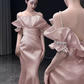 Modest Mermaid Straps Pink Satin Long Prom Dresses C13