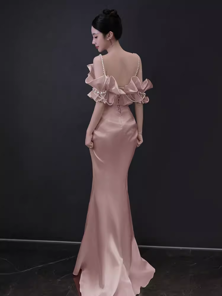 Modest Mermaid Straps Pink Satin Long Prom Dresses C13