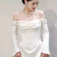 Robes de mariée en Satin blanc, sirène Simple, épaules dénudées, manches longues, C142