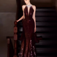 Sexy Mermaid High Neckline Sequin Burgundy Long Prom Dress C1440