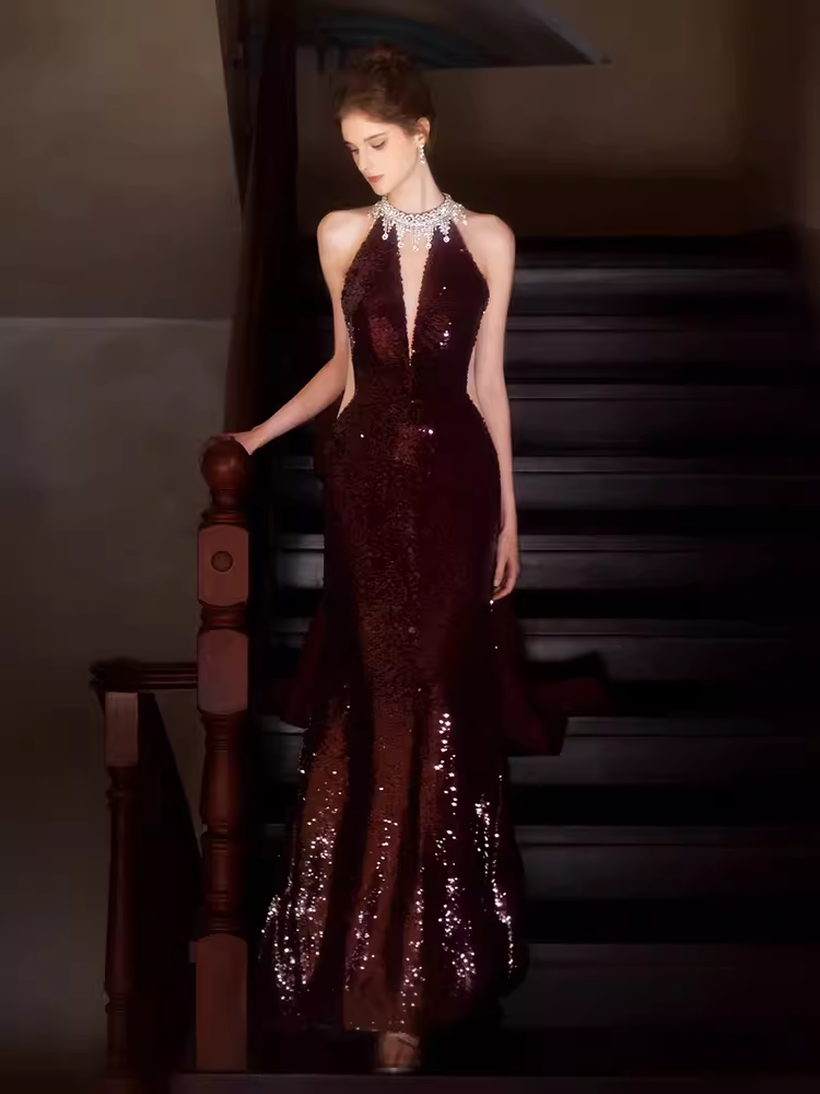 Sexy Mermaid High Neckline Sequin Burgundy Long Prom Dress C1440