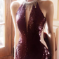 Sexy Mermaid High Neckline Sequin Burgundy Long Prom Dress C1440