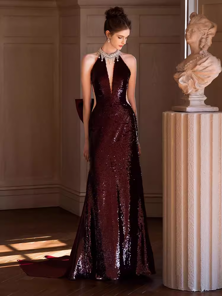 Sexy Mermaid High Neckline Sequin Burgundy Long Prom Dress C1440