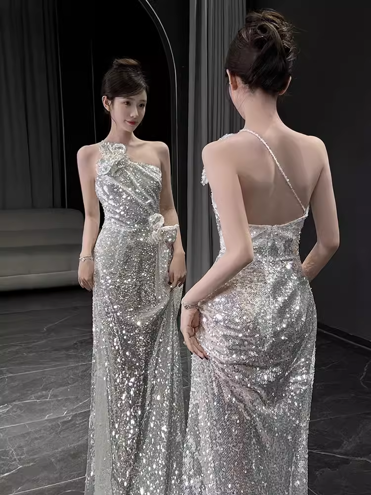 Sexy Mermaid One Shoulder Silver Sequin Long Prom Dress C1444