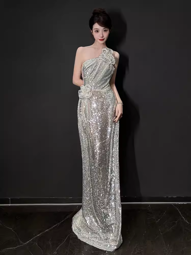 Sexy Mermaid One Shoulder Silver Sequin Long Prom Dress C1444