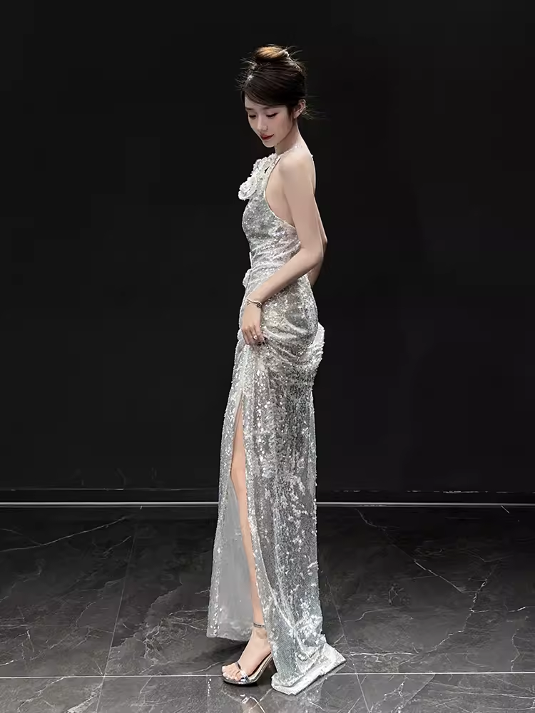 Sexy Mermaid One Shoulder Silver Sequin Long Prom Dress C1444