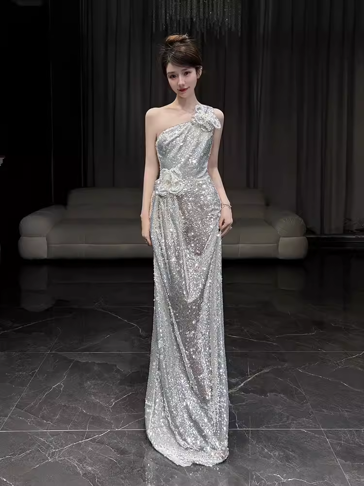 Sexy Mermaid One Shoulder Silver Sequin Long Prom Dress C1444