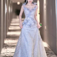 Fairytale A line Straps Sequin Beads Long Evening Dress Prom Dresses With Flowers C1449