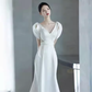 Simple Mermaid V neckline Short Sleeves White Satin Wedding Dresses C144