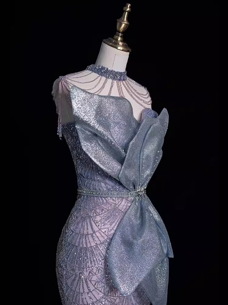 Robe de bal longue à paillettes, style sirène, sexy, décolleté haut, C1453