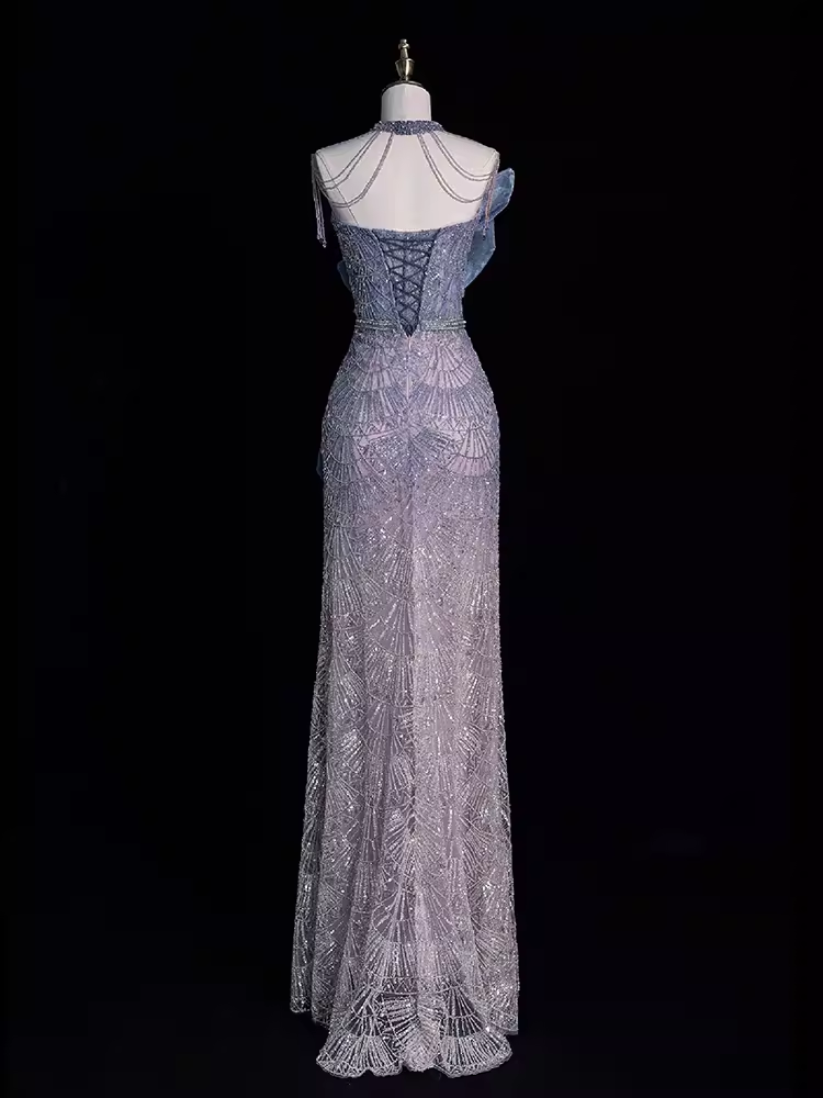 Robe de bal longue à paillettes, style sirène, sexy, décolleté haut, C1453