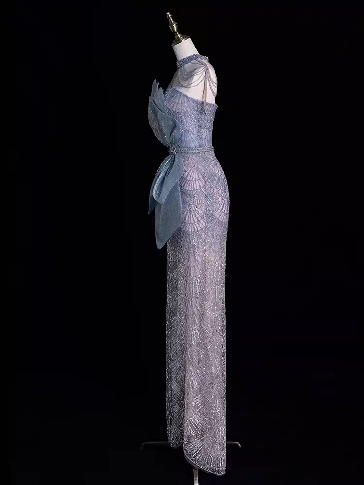 Robe de bal longue à paillettes, style sirène, sexy, décolleté haut, C1453