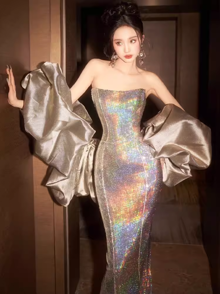 Sexy Mermaid Strapless Sequin Long Prom Dresses With Sleeves C1454