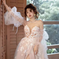 Vintage A Line Strapless Lace White Wedding Dress With Slit C1457