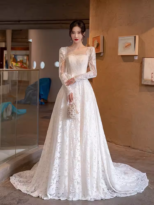 Chic A line Square Neckline Lace White Wedding Dress With Long Sleeves C1465