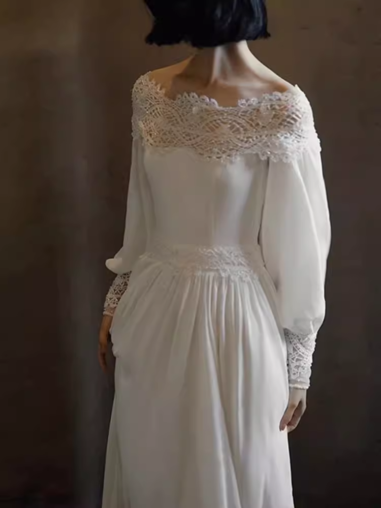 Chic A line Off The Shoulder Lace White Wedding Dress With Long Sleeves C1466