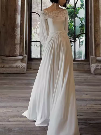 Robe de mariée blanche chic en dentelle à épaules dénudées et manches longues C1466