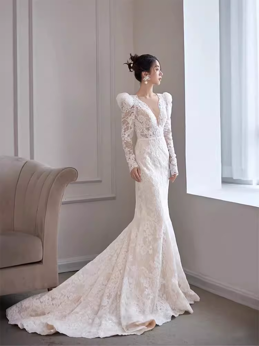 Chic Mermaid V Neckline Lace White Wedding Dress With Long Sleeves C1467