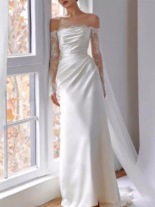 Chic Sheath Off The Shoulder Satin Lace White Wedding Dress With Long Sleeves C1472