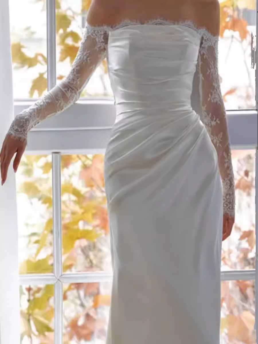 Chic Sheath Off The Shoulder Satin Lace White Wedding Dress With Long Sleeves C1472