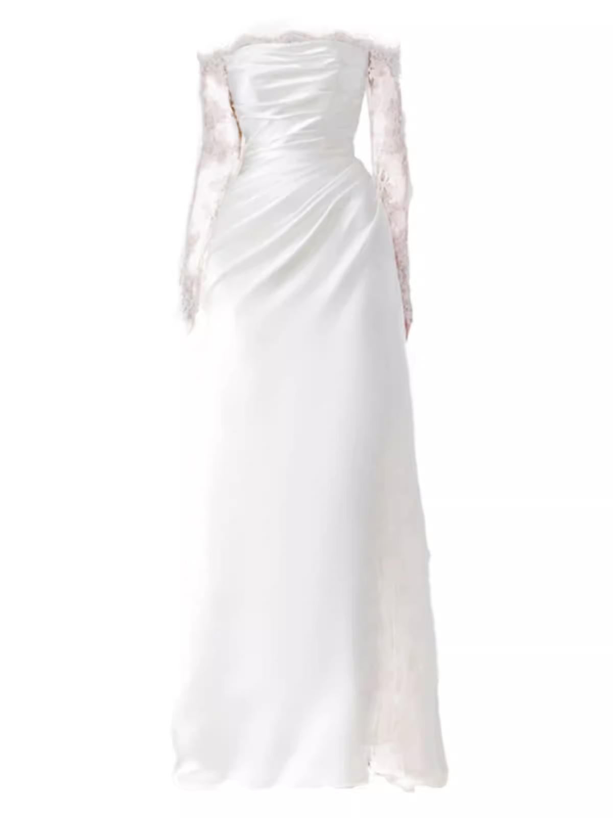 Chic Sheath Off The Shoulder Satin Lace White Wedding Dress With Long Sleeves C1472