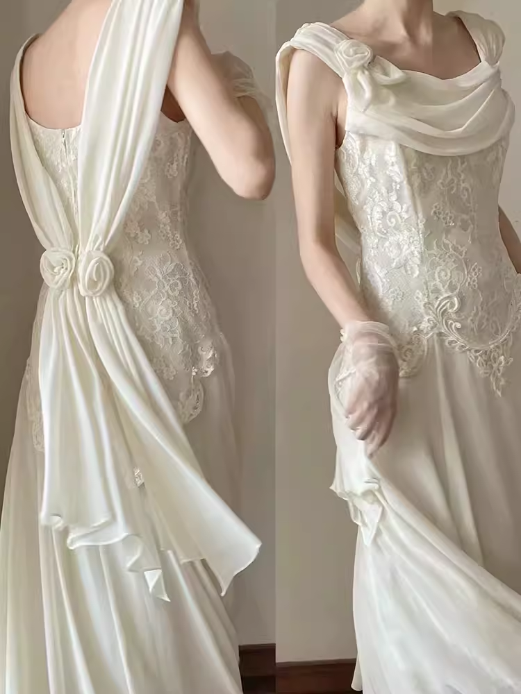 Chic A Line Chiffon Lace White Wedding Dresses C1474