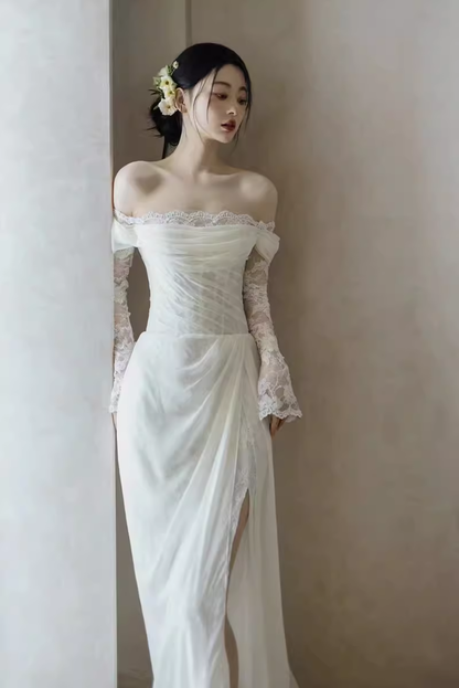 Chic Sheath Off The Shoulder Long Sleeves Lace White Wedding Dresses C1475