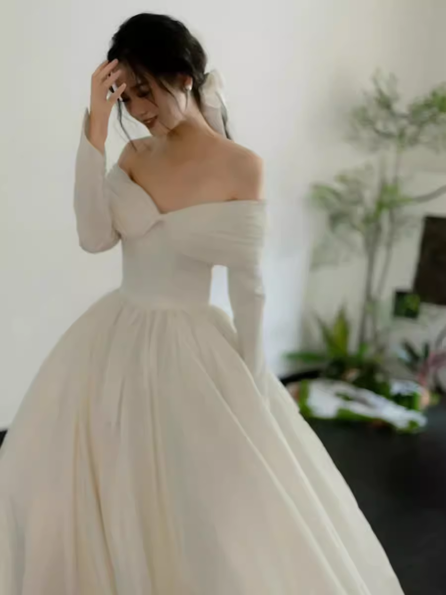 Simple Ball Gown Off The Shoulder Long Sleeves White Wedding Dresses C1476