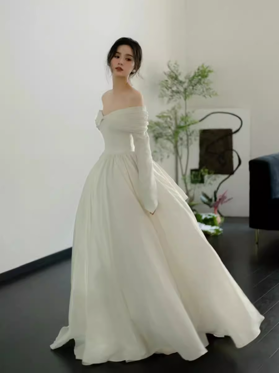 Simple Ball Gown Off The Shoulder Long Sleeves White Wedding Dresses C1476