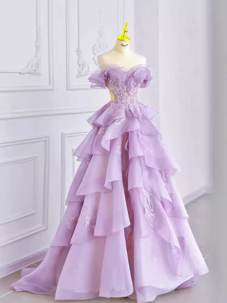 Fairy Ball Gown Off The Shoulder Lace Lilac Long Prom Dress C1478