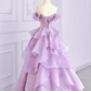 Fairy Ball Gown Off The Shoulder Lace Lilac Long Prom Dress C1478