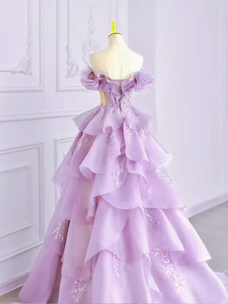 Fairy Ball Gown Off The Shoulder Lace Lilac Long Prom Dress C1478