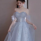 Sexy A line Off The Shoulder Tulle Gray Long Prom Dresses C1485