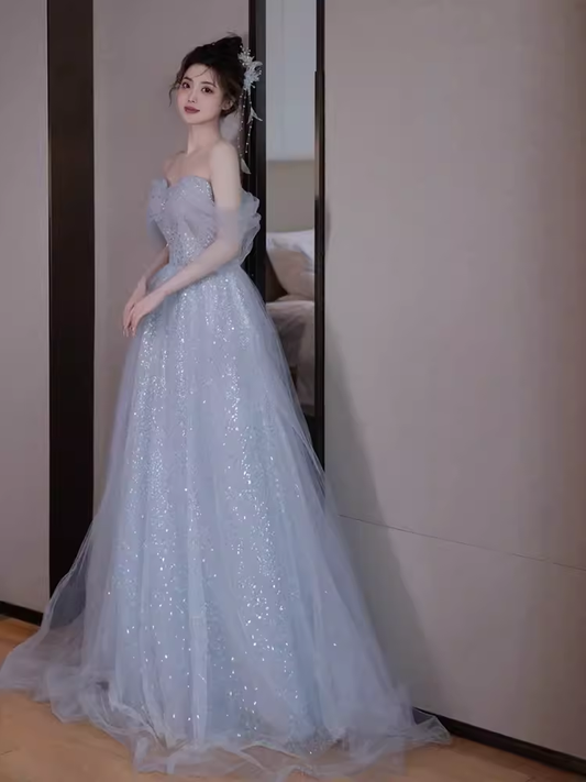 Sexy A line Off The Shoulder Tulle Gray Long Prom Dresses C1485