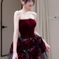 Sexy Ball Gown Strapless Velvet Burgundy Tulle Flowers Long Prom Dresses C1487