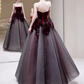 Sexy Ball Gown Strapless Velvet Burgundy Tulle Flowers Long Prom Dresses C1487