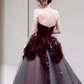 Sexy Ball Gown Strapless Velvet Burgundy Tulle Flowers Long Prom Dresses C1487