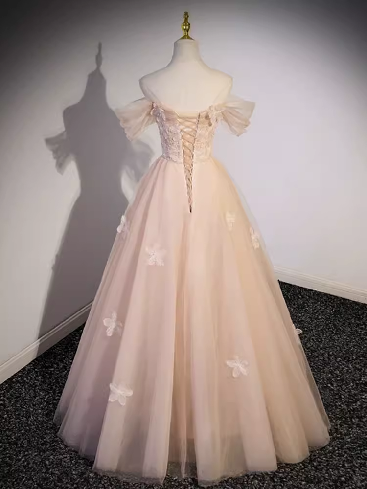 Jolie robe de bal à épaules dénudées en tulle et dentelle, longue robe de bal C1488