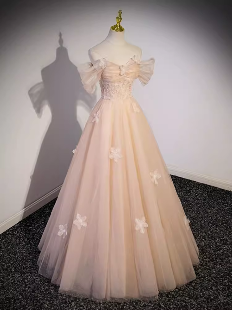 Jolie robe de bal à épaules dénudées en tulle et dentelle, longue robe de bal C1488