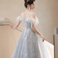 Pretty A Line Off The Shoulder Tulle Gray Long Prom Dresses C1489