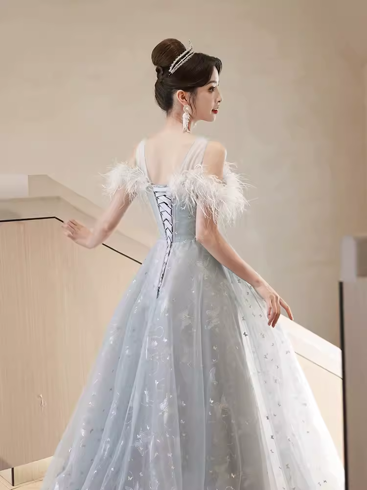 Pretty A Line Off The Shoulder Tulle Gray Long Prom Dresses C1489