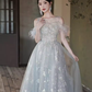 Pretty A Line Off The Shoulder Tulle Gray Long Prom Dresses C1489