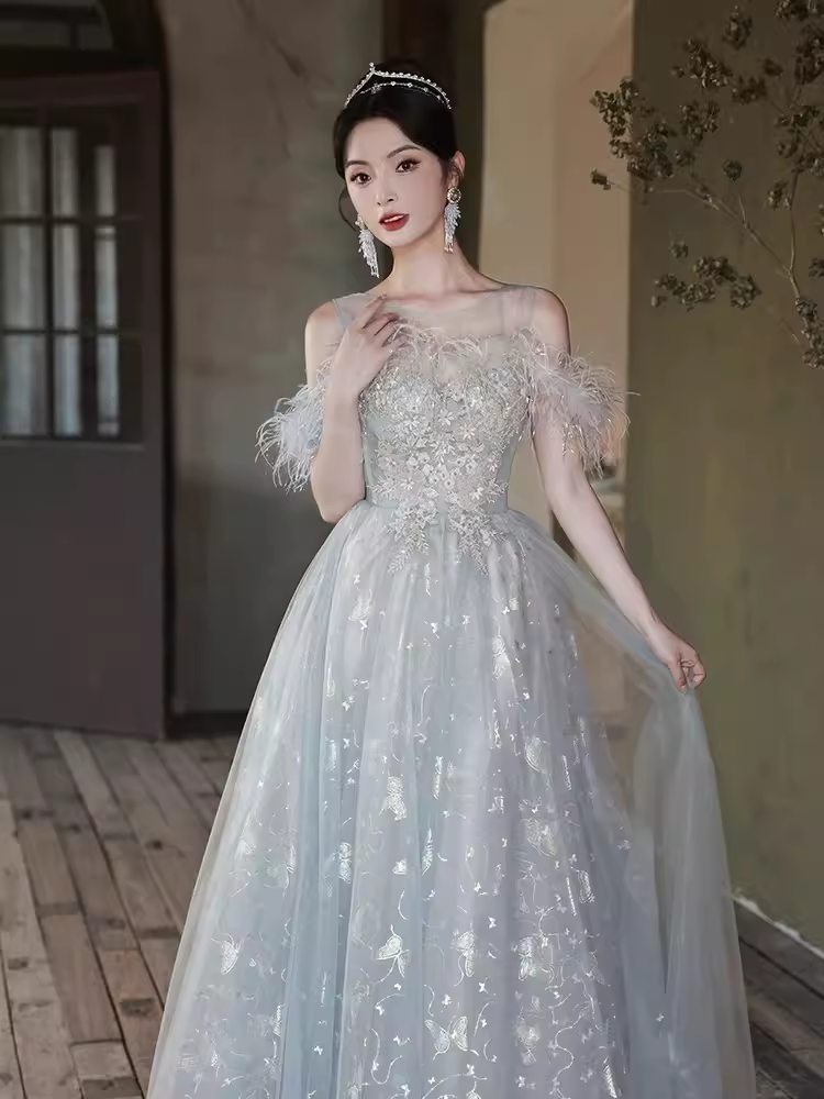 Pretty A Line Off The Shoulder Tulle Gray Long Prom Dresses C1489